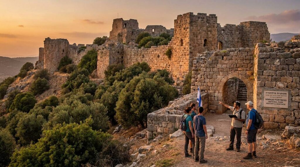 Nimrod Castle with visitors during a tour at golden hour.