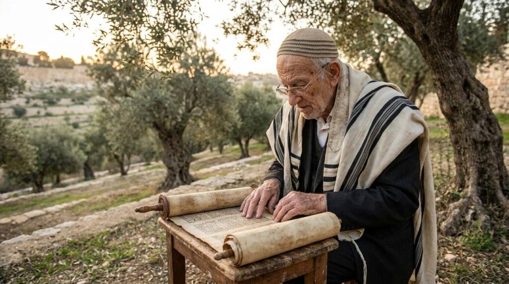 Elderly Jewish man reading Torah in serene olive grove.