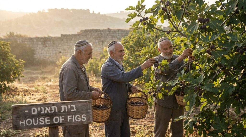 Elderly men in kippahs harvesting figs in a Jerusalem orchard.