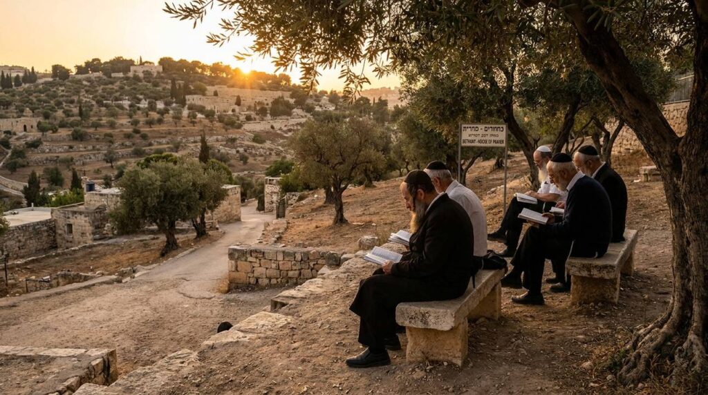 Small group in traditional Jewish attire reading scriptures near Mount of Olives at sunset.