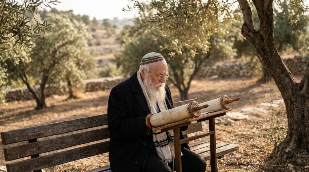 Elderly Jewish man in kippah reading Torah in olive grove.