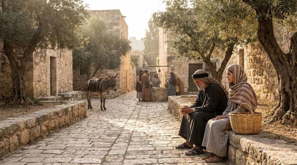 Ancient Bethany scene with stone buildings, olive trees, and robed figures.