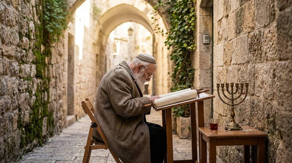 Elderly Jewish man reads Torah in an ivy-covered Jerusalem alley.