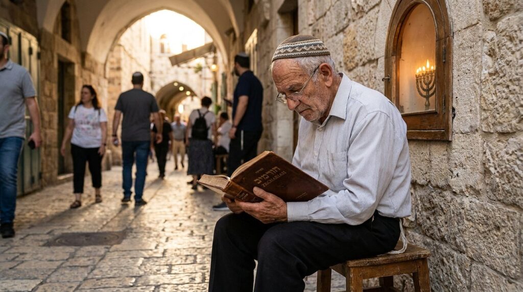 Elderly Jewish man reads Zechariah in sunlit Jerusalem alley.