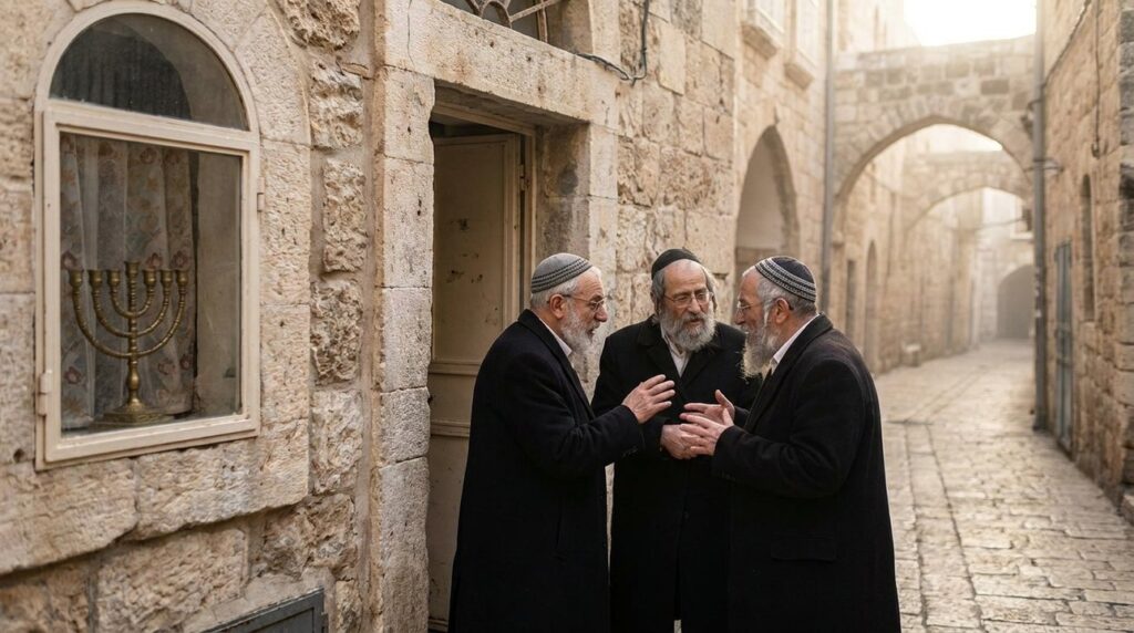 Jewish men discussing in ancient Jerusalem alley with menorah visible.