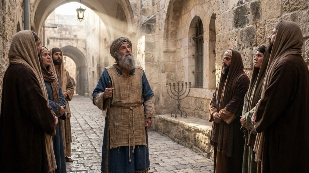 Elderly man dressed as high priest with onlookers in Jerusalem street.