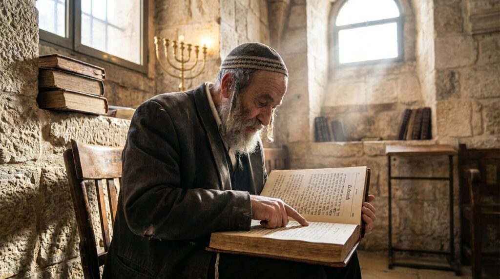 Elderly Jewish man reading Zechariah in sunlit Jerusalem synagogue.