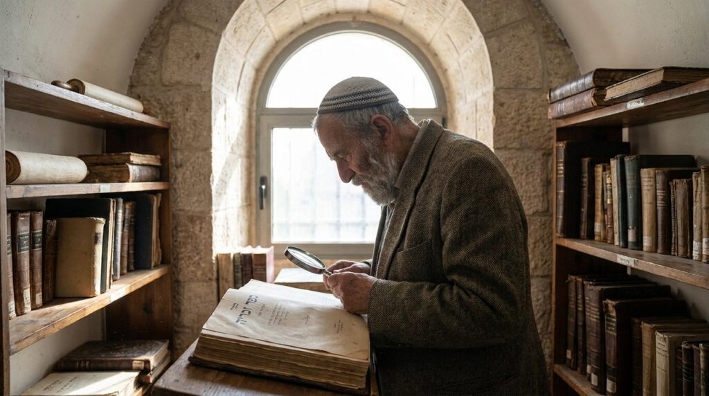 Elderly Jewish man reading Zechariah in a sunlit ancient library.