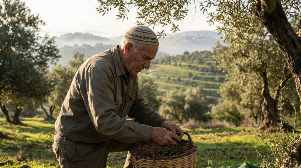 Elderly man in kippah harvesting olives in sunlit Galilee grove.