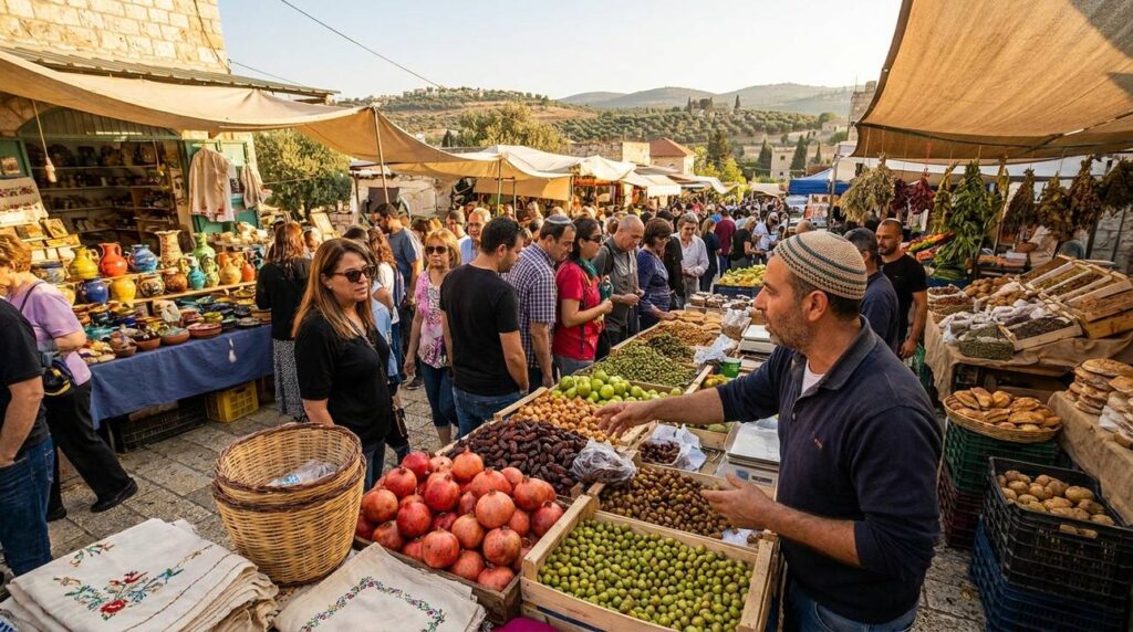 Market scene in Galilee with vendors, fruits, olives, and crafts.