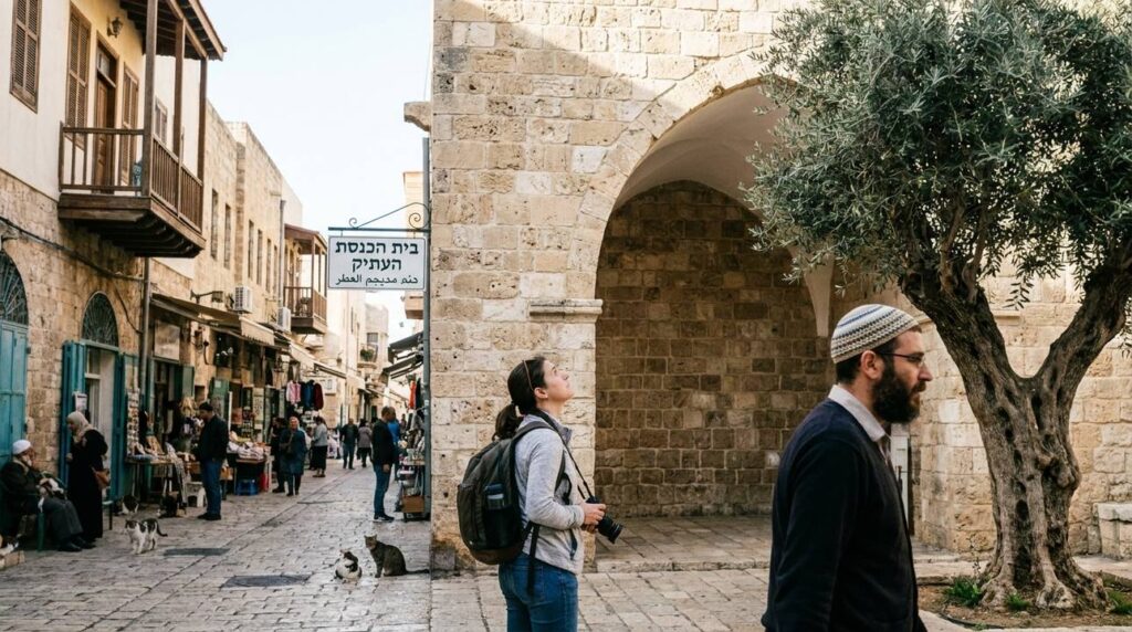 Visitor exploring Akko near aged stone walls and an olive tree.