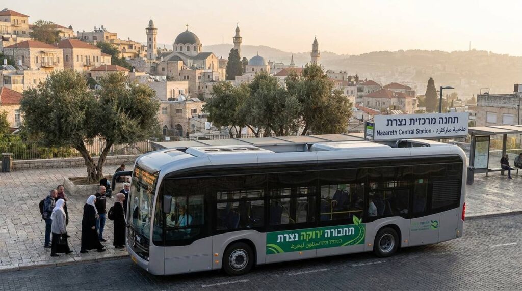 Modern bus parked at Nazareth station with ancient cityscape in background.