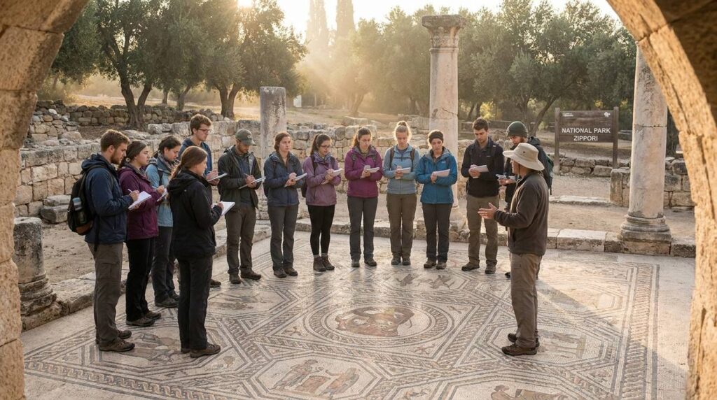 Student group listens to guide by Roman mosaics in Sepphoris.