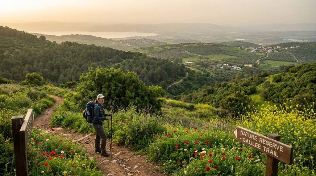 Hiker walking through lush, blooming hillsides in Galilee, Israel.