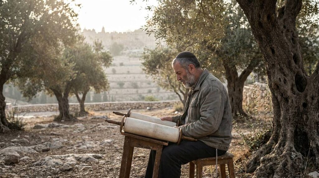 Middle-aged Jewish man reads Torah under an olive tree at dawn.
