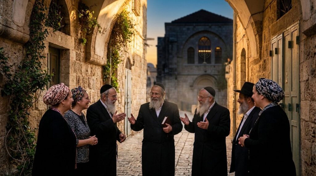 Group in traditional Jewish attire discussing in a Jerusalem alley.