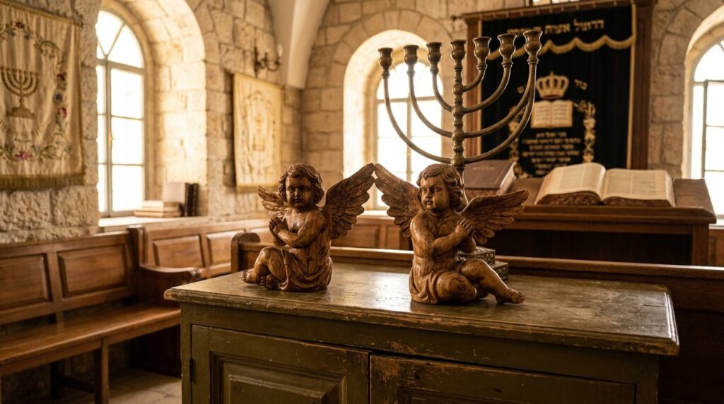 Cherubs made of olive wood in a synagogue, morning light streaming.