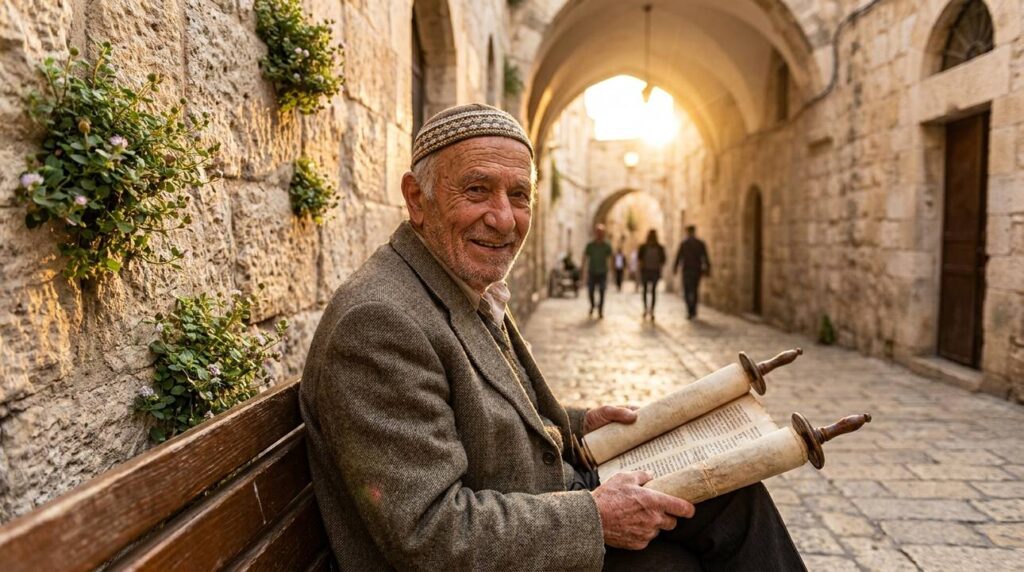 Elderly man reads Torah on ancient Jerusalem street at dusk.