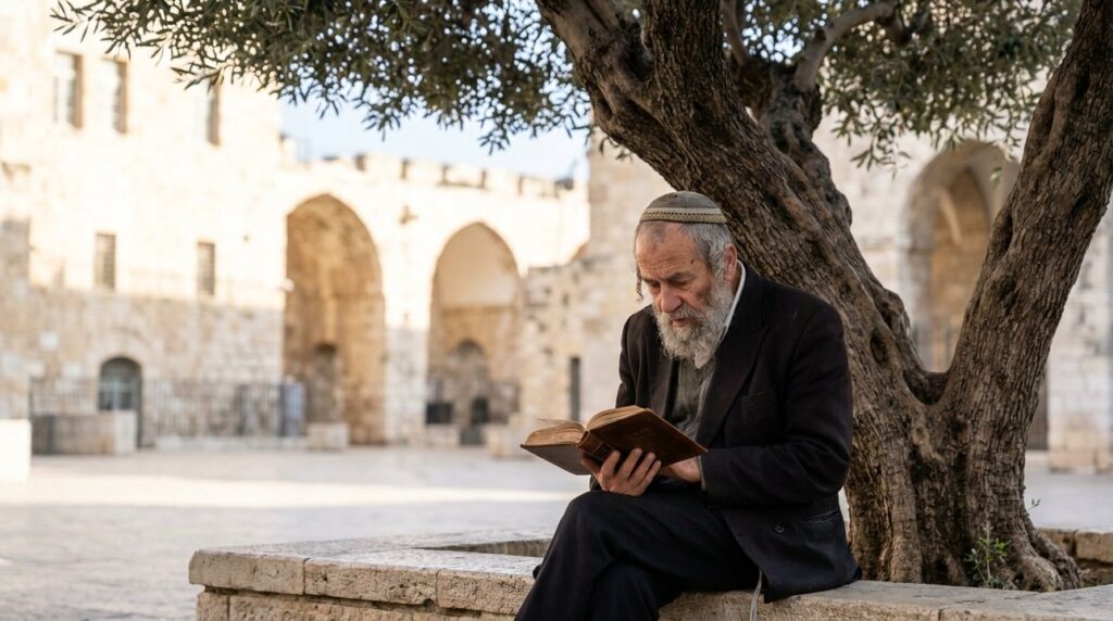 Elderly Jewish man reading sacred text under olive tree in Jerusalem.