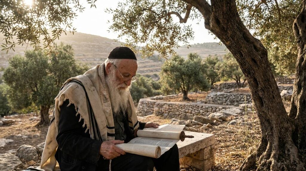 Elderly Jewish man reading Torah in olive grove near Shechem.