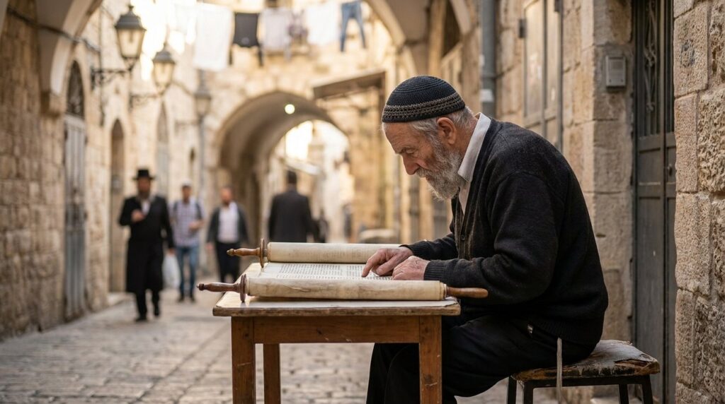Elderly man in kipa reading Torah in Jerusalem alley.