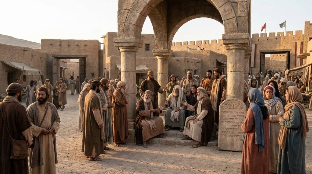 Ancient Shechem street scene with diverse people and local elders.