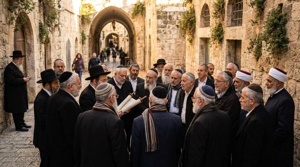 Jewish leaders in traditional attire discuss in a stone-paved Jerusalem alley.