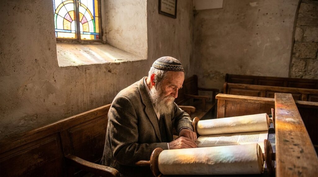 Elderly Jewish man reading Torah in sunlit Jerusalem synagogue.