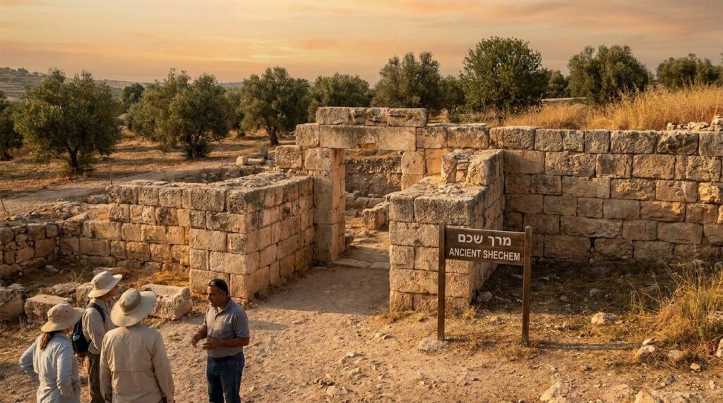 Ancient city gates of Shechem during golden hour with shadows.