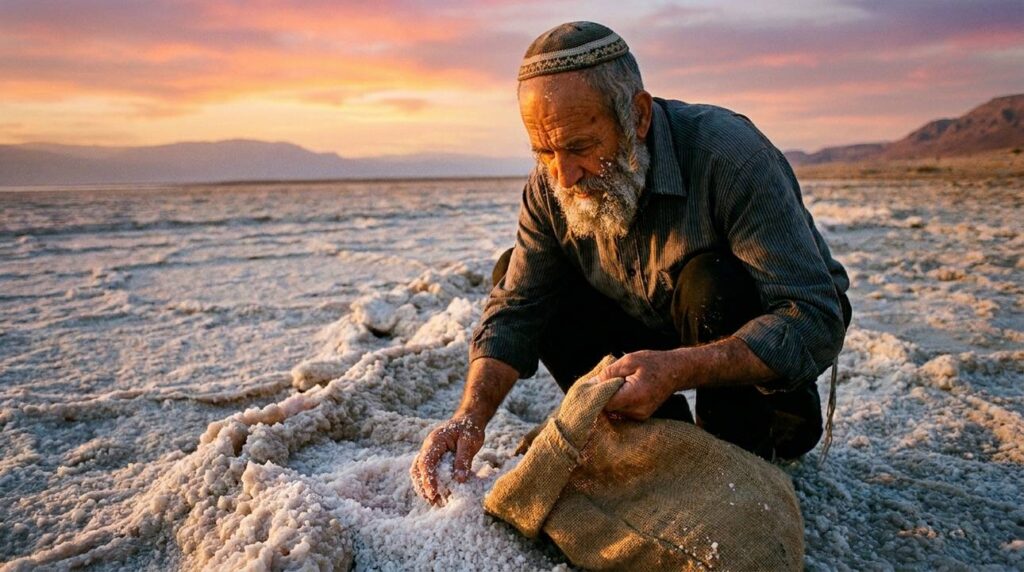 Elderly Jewish man in kippah collecting salt at Dead Sea.