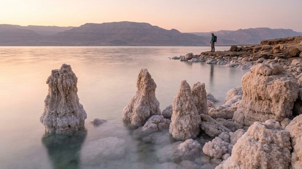 Salt pillars in the Dead Sea at sunrise with soft light.