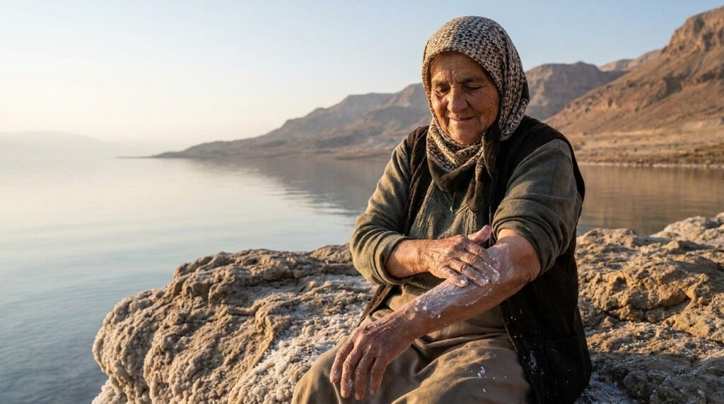 Elderly woman applying Dead Sea salt on shore, wearing scarf.