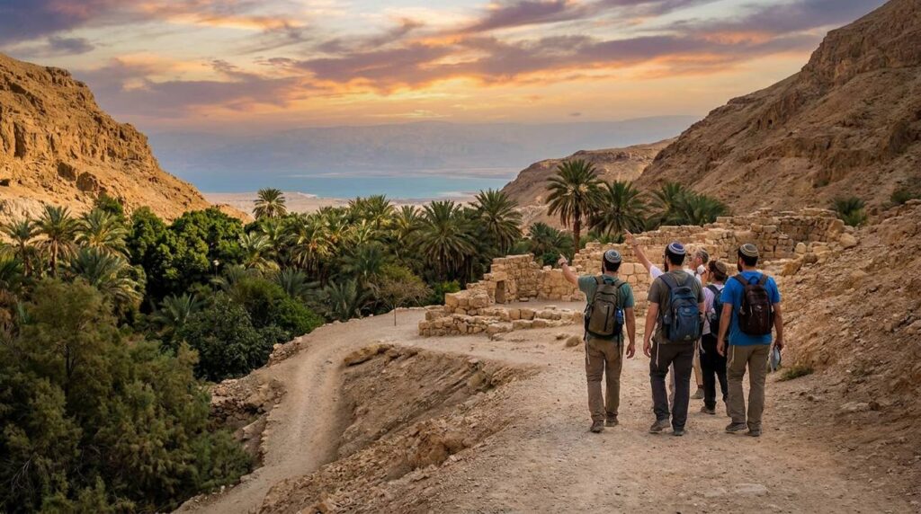 Judean Desert landscape near Dead Sea with people and Ein Gedi oasis.