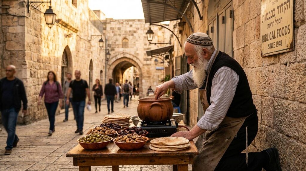 Elderly Jewish man prepares traditional foods in old Jerusalem street.