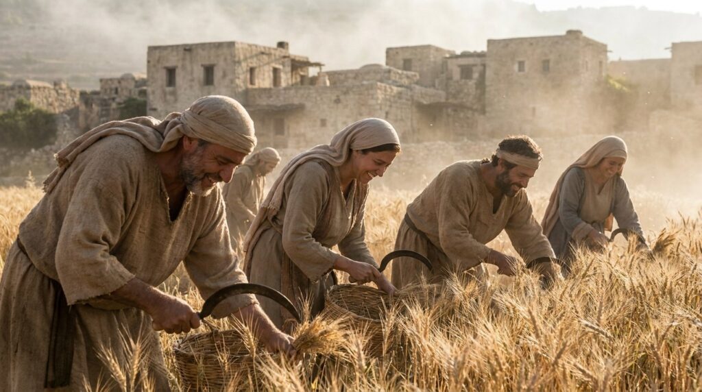 Early morning wheat harvest in ancient Israel, villagers using sickles.