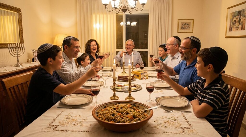 Israeli family celebrating Passover around a table with traditional foods and decorations.