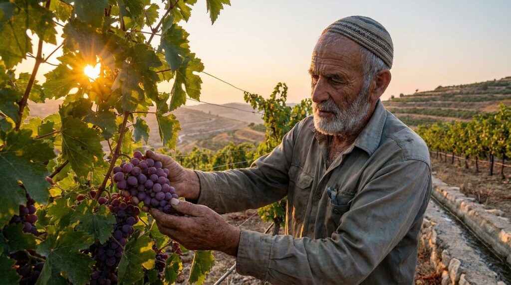 Elderly Jewish man in kippah tending grapevines in morning light.