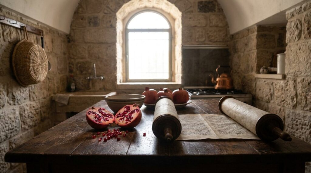 Traditional Jewish kitchen with Torah and cut pomegranate on table.