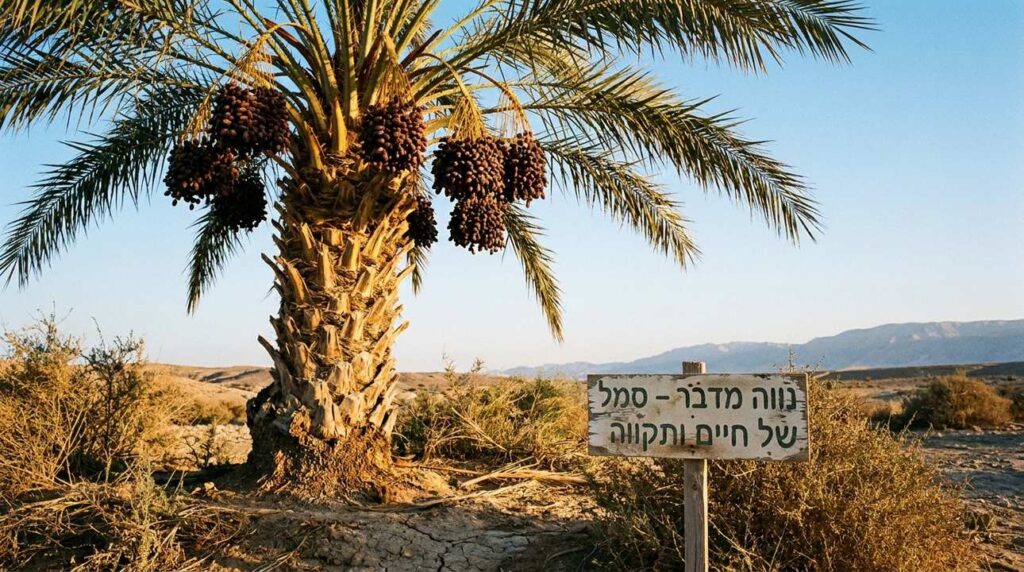Date palm with ripe dates against a clear blue sky at sunset.