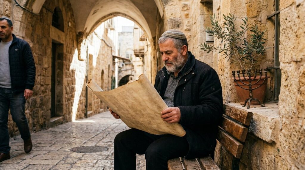 Middle-aged man in kippah reads ancient scroll in Jerusalem alley.