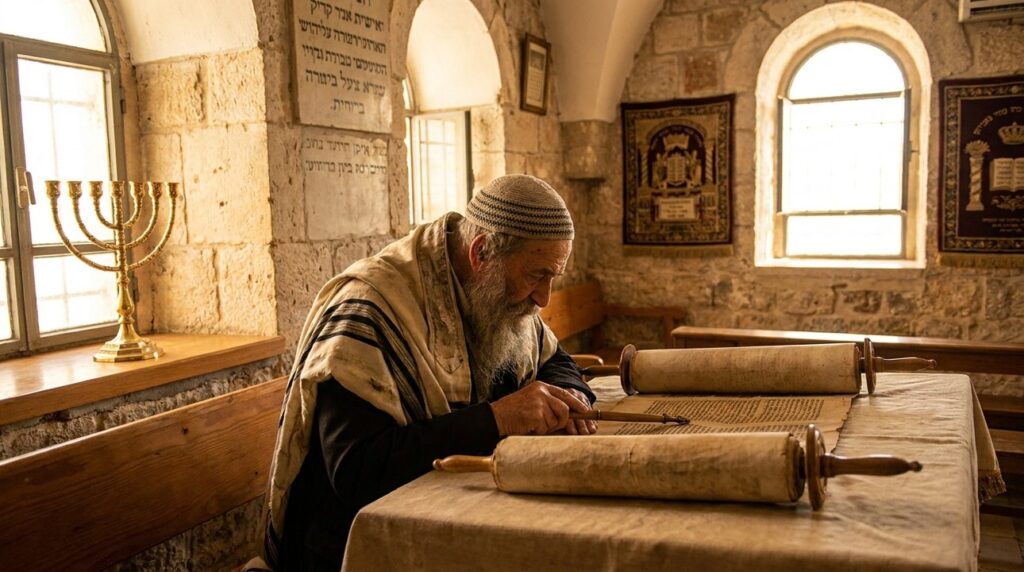 Elderly Jewish man reading Torah in sunlit Jerusalem synagogue.