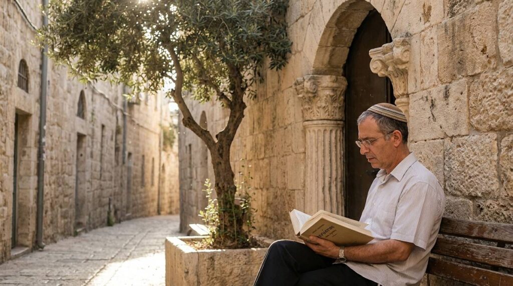 Middle-aged Jewish man reads book in Jerusalem alley with Greek columns.