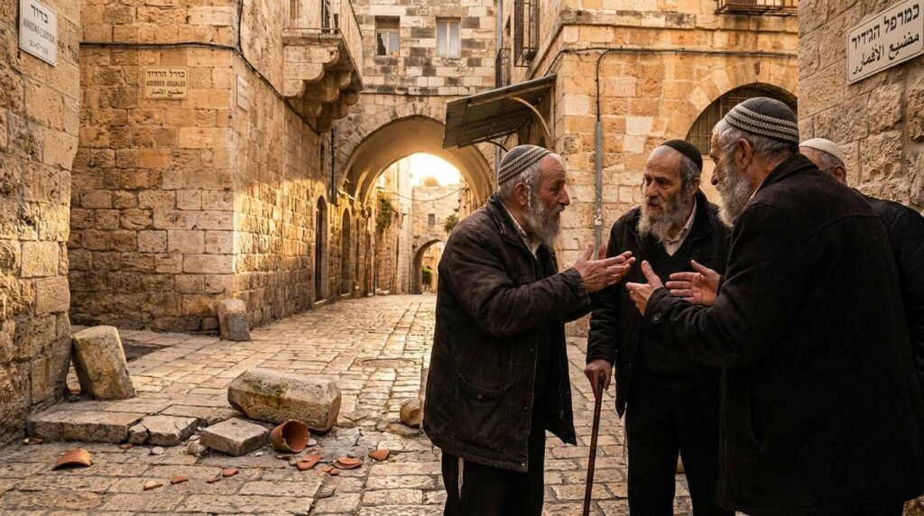Elderly men in kippahs discuss in a sunlit, cracked Jerusalem alleyway.