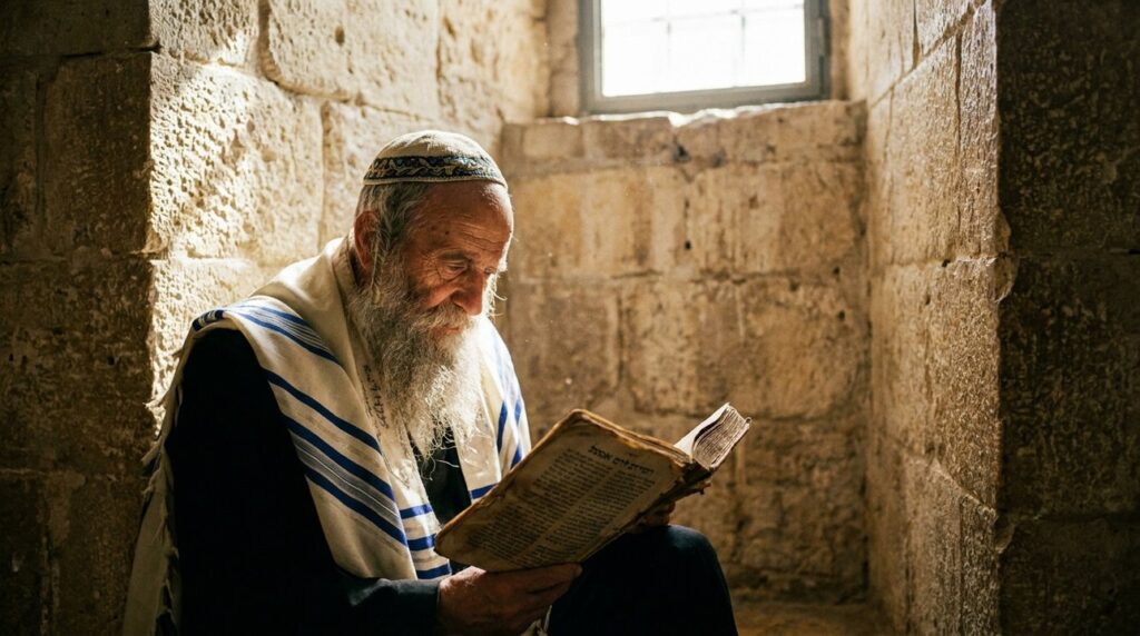 Elderly Jewish man reading the Book of Daniel in a synagogue.