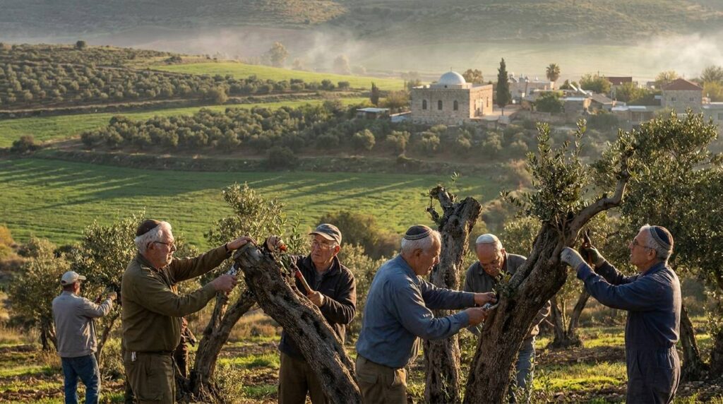 Jewish farmers tending olive trees near a stone synagogue in Galilee.