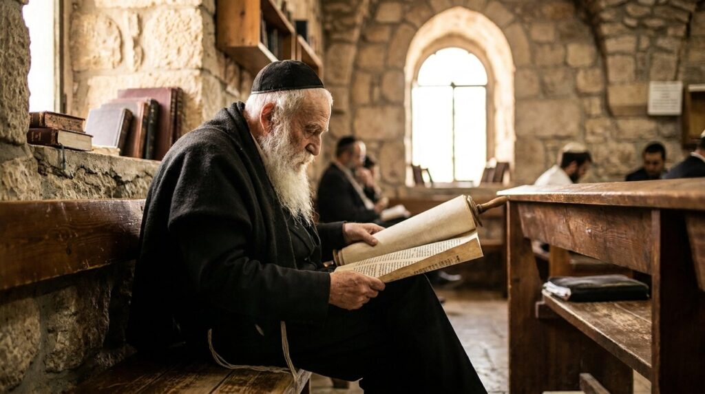 Elderly Jewish man reading Torah in ancient Galilee synagogue.