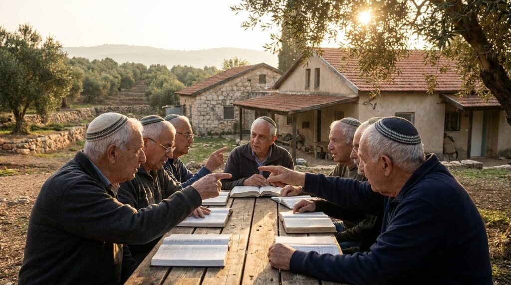 Elderly Jewish men discuss scientific texts in a kibbutz in Galilee.