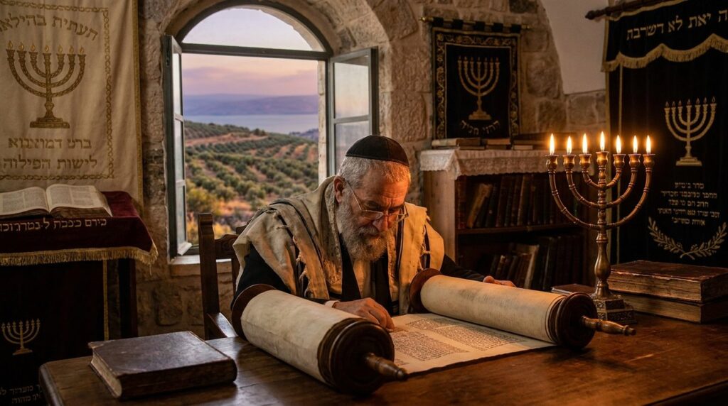 Elderly man in Jewish attire reads ancient text by menorah.