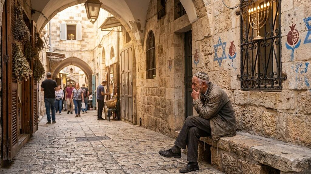 Elderly man with kipa sits thoughtfully on stone bench in Jerusalem.