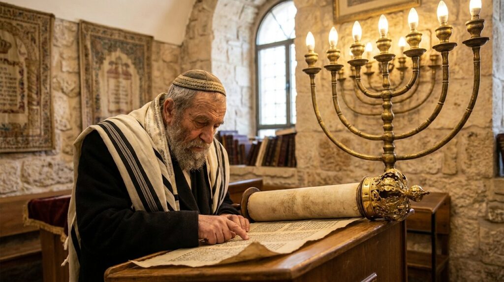 Elderly Jewish man reads Torah by menorah in Jerusalem synagogue.